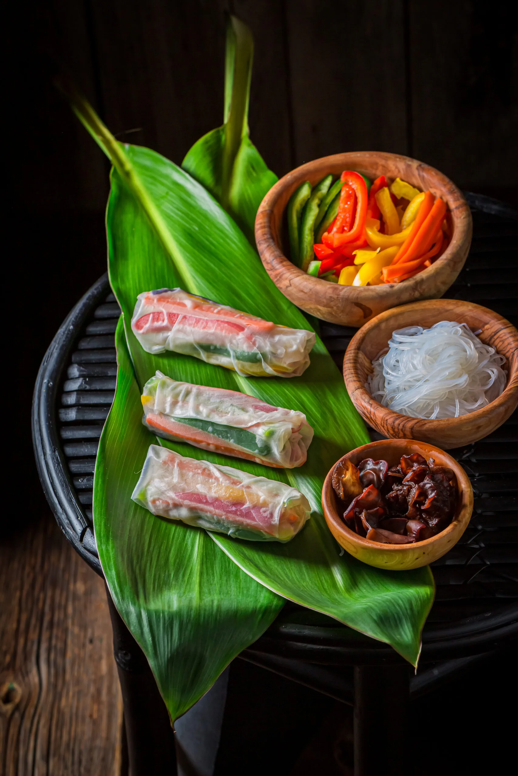 Fresh ingredients for spring rolls. Vietnamese cuisine.