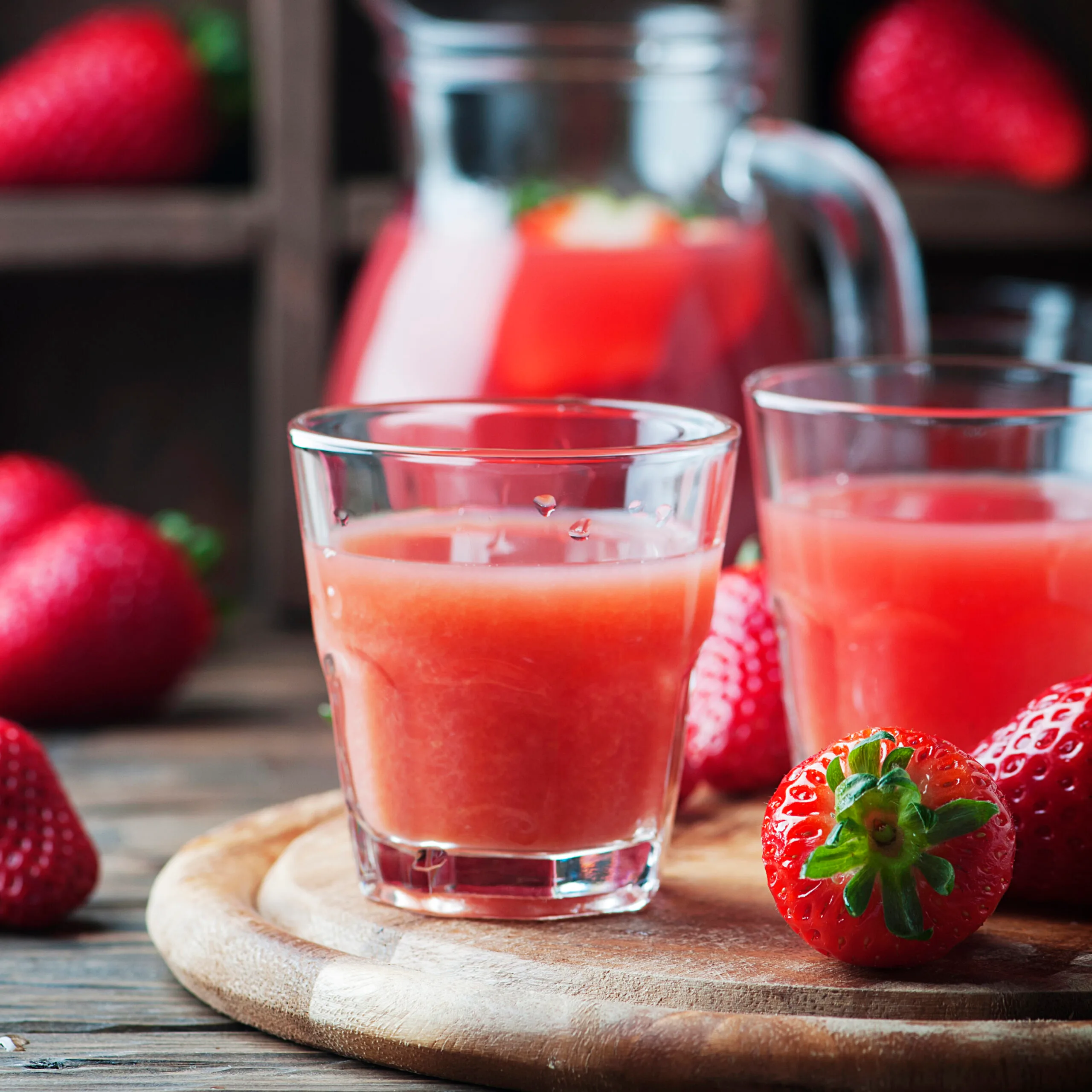 Sweet strawberry juice on the wooden table, selective focus and square image